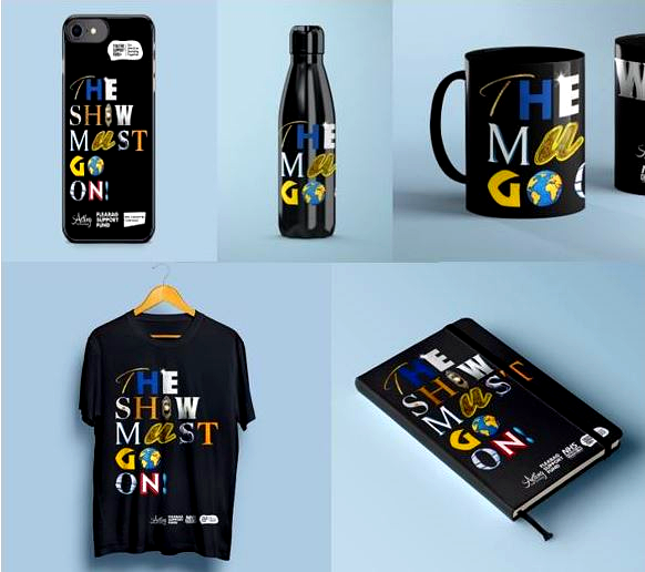 The Show Must Go On — branded merchandise campaign featuring phone case, water bottle, mug, t-shirt and notebook all with cohesive campaign branding